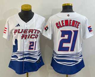 Womens Puerto Rico Baseball #21 Roberto Clemente Number 2023 White World Classic Stitched Jerseys